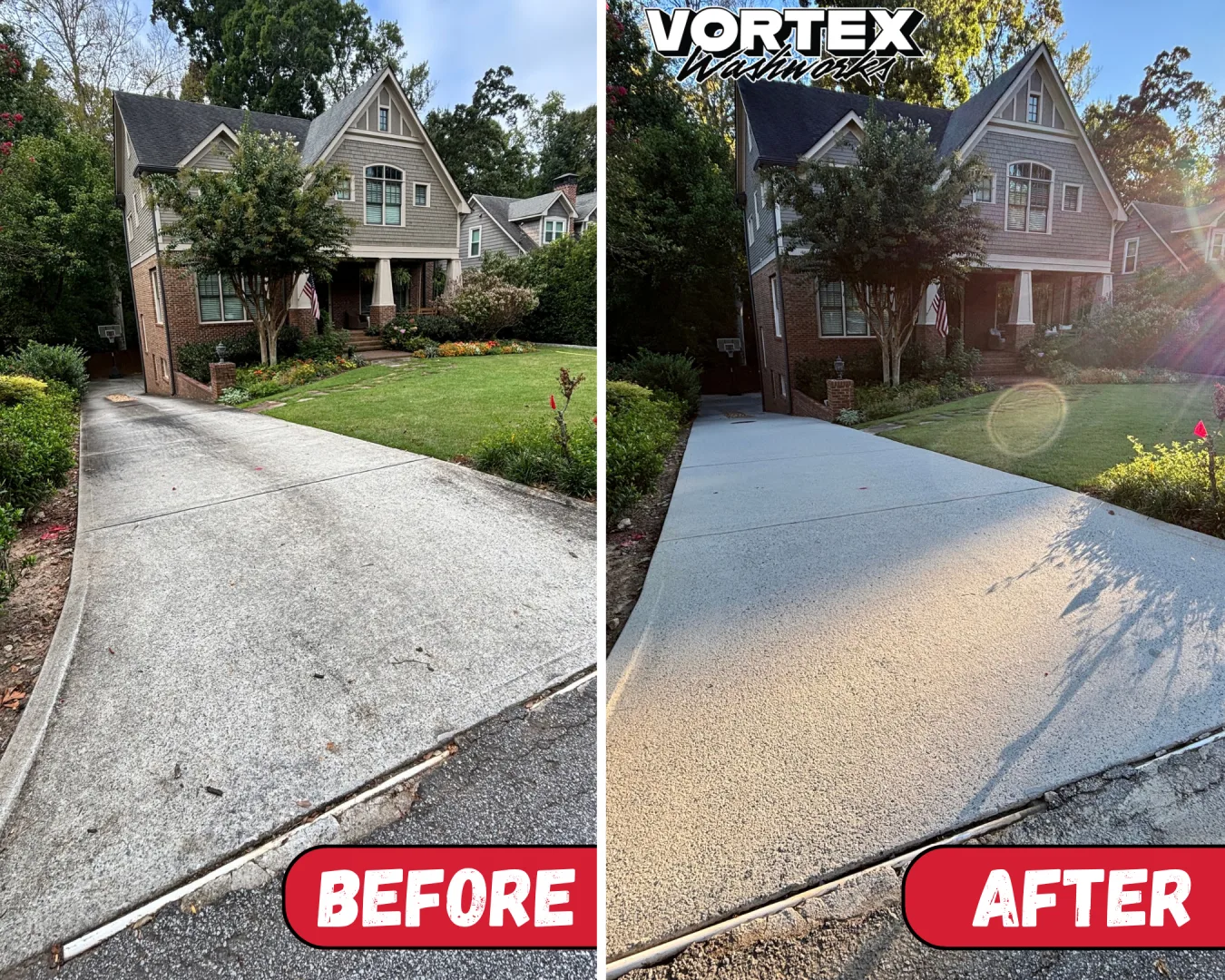 Concrete driveway pressure washing before and after in Decatur, GA